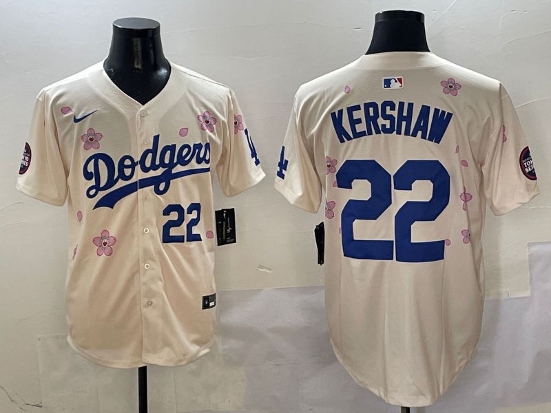 Men Los Angeles Dodgers #22 Kershaw Cream White Blue Sakura Edition 2025 Nike MLB Jersey style 3